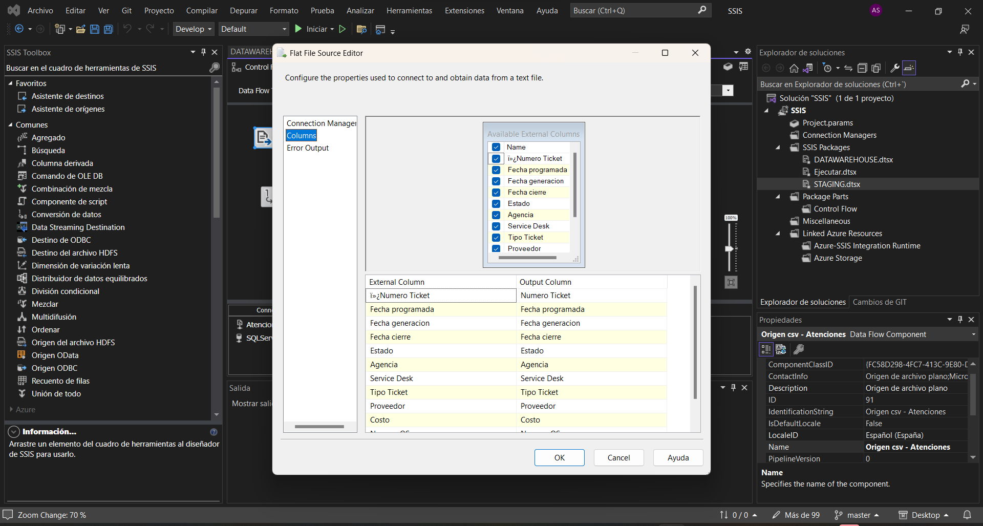 Captura del proyecto ETL con SQL Server Integration Services publicado por Alejandro.